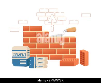 Brickworks with high quality red bricks and cement bags vector illustration on white background Stock Vector