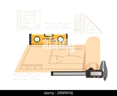 Blueprint level and measuring device vector illustration on white background Stock Vector