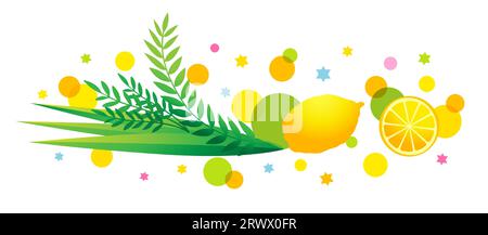 Sukkot traditional symbol with etrog, lulav and colored circles. Jewish holiday web banner with palm leaves, aravah and hadas. Vector illustration Stock Vector