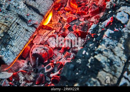 Macro shot of glowing red embers with black charred wood and tiny flames background asset Stock Photo