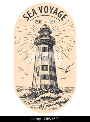 Old tower lighthouse shines on an island washed by sea waves. Beacon vintage sketch vector illustration engraving style Stock Vector
