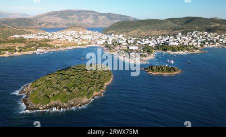 Amazing Aerial View of Ksamil Islands along Albanian Riviera. Ksamil is near Saranda, Albania. Ionian Sea Stock Photo