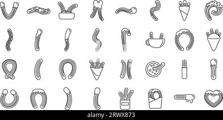 Churros icons set outline vector. Chocolate food. Spain biscuit Stock Vector
