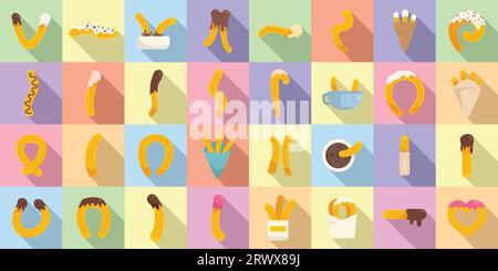 Churros icons set flat vector. Chocolate food. Spain biscuit Stock Vector