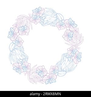 Tropical king protea and orchid flower frame boarder, hand drawn sketch flower head in pastel blue and pink color. Vector background for card or invit Stock Vector