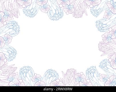 Tropical king protea and orchid flower frame boarder, hand drawn sketch flower head in pastel blue and pink color. Vector background for card or invit Stock Vector