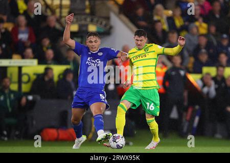 Christian Fassnacht of Norwich City and Callum Doyle of Leicester City - Norwich City v Leicester City, Sky Bet Championship, Carrow Road, Norwich, UK - 20th September 2023  Editorial Use Only - DataCo restrictions apply Stock Photo