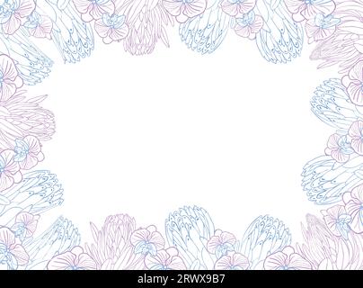 Tropical king protea and orchid flower frame boarder, hand drawn sketch flower head in pastel blue and pink color. Vector background for card or invit Stock Vector