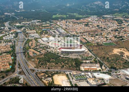 Aerial view, soccer stadium Estadi Mallorca Son Moix, construction site ...
