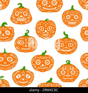 Halloween party Mexican pumpkins seamless pattern, holiday night vector background. Scary spooky Halloween pumpkins with Mexican calavera skull pattern ornament for Dia de Los Muertos pattern Stock Vector