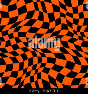 Halloween optical psychedelic seamless pattern or curvy wavy background, vector black and orange checkered mosaic. Halloween horror night holiday background with optical illusion hypnotic pattern Stock Vector