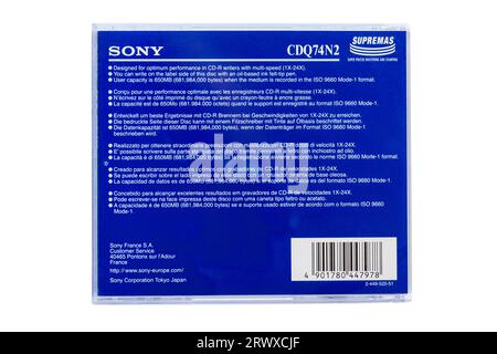 Information on back of Sony CD-R recordable compact disc case in many different languages isolated on white background Stock Photo