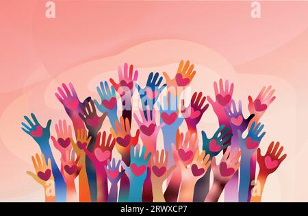 Raised hands of volunteer people holding a heart. People diversity. Charitable donation. Support and assistance. Multicultural community. NGO. Aid. Stock Vector