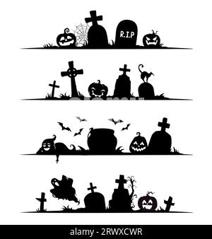 Halloween frame border and divider with black silhouettes of grinning pumpkins, tombstones, grave crosses, cat and bats, cobwebs, ghosts and trees. Isolated vector spooky decorative holiday elements Stock Vector