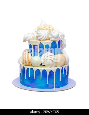 Two layered birthday cake with blue frosting and chocolate decorations isolated on white background, copy space, png Stock Photo