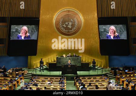 United Nations. 20th Sep, 2023. Slovak President Zuzana Caputova delivers a speech at the General Debate of the 78th session of the UN General Assembly at the UN headquarters in New York, Sept. 20, 2023. Credit: Li Rui/Xinhua/Alamy Live News Stock Photo