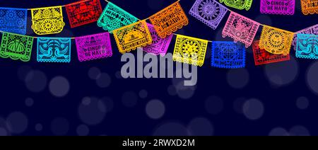 Mexican Cinco De Mayo papel picado paper cut garland flags with bokeh light. Vector background, bursting with intricate, colorful paper cutouts, sets the perfect atmosphere for a lively celebration Stock Vector