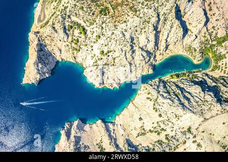 Zavratnica bay fjord under Velebit mountain aerial panoramic view, scenic archipelago of Croatia Stock Photo