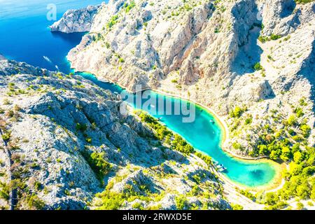 Zavratnica bay fjord under Velebit mountain aerial view, scenic archipelago of Croatia Stock Photo