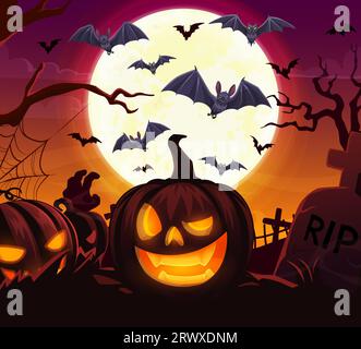 Halloween pumpkin and cloud of flying bats on midnight cemetery. Vector graveyard with jack-o-lanterns beneath a moonlit sky. Swirling flock of bats takes flight, casting shadows in the eerie dusk air Stock Vector