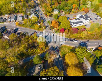 Wayland historic town center aerial view in fall with fall foliage at Boston Post Road and MA Route 27, including First Parish Church and Town Hall, W Stock Photo