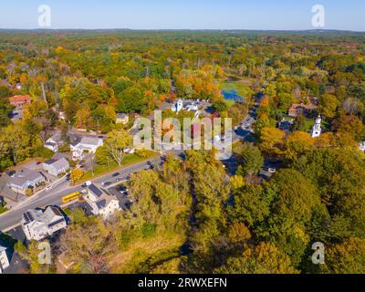 Wayland historic town center aerial view in fall with fall foliage at Boston Post Road and MA Route 27, including First Parish Church and Town Hall, W Stock Photo