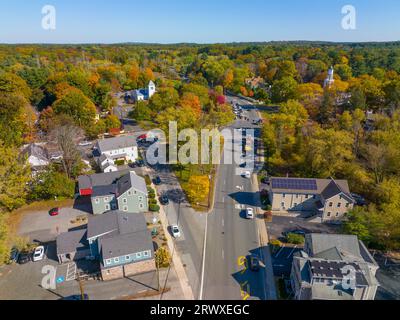 Wayland historic town center aerial view in fall with fall foliage at Boston Post Road and MA Route 27, including First Parish Church and Town Hall, W Stock Photo