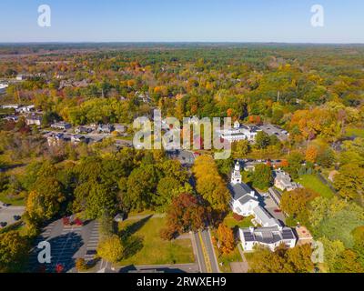 Wayland historic town center aerial view in fall with fall foliage at Boston Post Road and MA Route 27, including First Parish Church and Town Hall, W Stock Photo