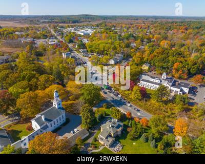 Wayland historic town center aerial view in fall with fall foliage at Boston Post Road and MA Route 27, including First Parish Church and Town Hall, W Stock Photo