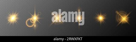 Shining golden light effects on a transparent dark background. A collection of various glowing sparks, stars. Stock Vector