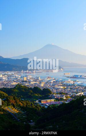 Mt. Fuji and Kiyomizu Townscape from Nihondaira, Shizuoka Prefecture Stock Photo