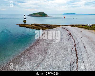 Aerial view of Penmon Lighthouse and Puffin Island on the island of Anglesey in North Wales, United Kingdom. Stock Photo