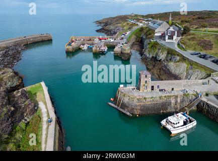 Aerial view of the harbor at Amlwch on the island of Anglesey in north Wales in the United Kingdom. Stock Photo