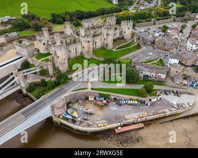 Aerial view of Conwy Castle in the town of Conwy in North Wales. It was built by Edward I, during his conquest of Wales, between 1283 and 1287. UNESCO Stock Photo