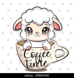 Cute cartoon baby sheep in a mug with coffee time quote. Vector illustration. Stock Vector