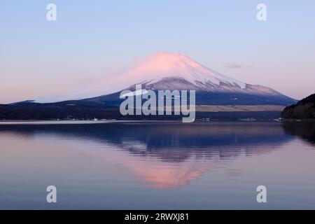 Fuji at dawn from Yamanakako Lake in Yamanashi Prefecture Stock Photo