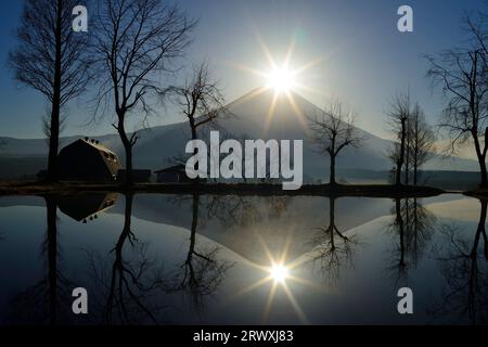 Double Diamond Fuji reflected in a pond, Shizuoka Prefecture! Stock Photo