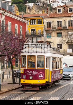 Lisbon tram 28 at Portas do Sol, Portugal Stock Photo
