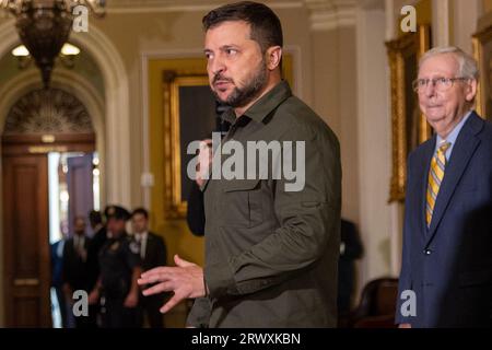 Washington, United States. 20th Sep, 2023. Ukrainian President Volodymyr Zelensky talks to the media after a closed door meeting the US Capitol in Washington, DC on Thursday, September 21, 2023. Photo by Tasos Katopodis/UPI Credit: UPI/Alamy Live News Stock Photo