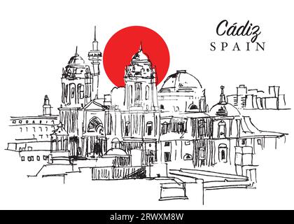 Vector hand drawn sketch illustration of Cadiz cityscape, Andalusia, Spain. Stock Photo