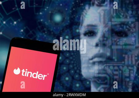 Buenos Aires, Argentina; 08-06-2023: In this illustrative photo you can see the Tinder logo displayed on the screen of a smartphone with a blurred bac Stock Photo