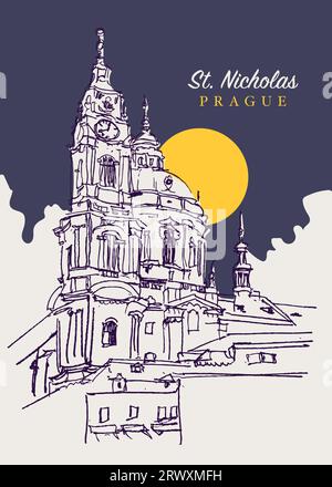 Vector hand drawn sketch illustration of St. Nicholas Church in Prague, Czechia. Stock Photo