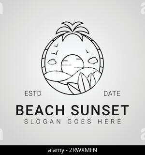 Beach Sunset Badge Logo Design Summer Vacation Logotype Sun Waves Line Art Icon Stock Vector