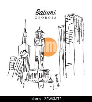 Vector hand drawn sketch illustration of the skyscrapers and Chacha Tower in Batumi, Georgia. Stock Photo