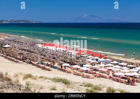 Zakynthos, Greece - August 15, 2016: Tourists are on Banana Beach of Greek island Zakynthos. Coast of the Ionian sea on a sunny summer day Stock Photo