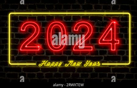 Night image of the number 2024 in red neon and the text Happy new year in yellow neon on a brick wall. New Year concept. Stock Photo