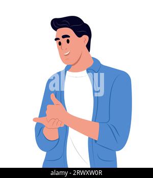 Deaf mute young man on white background. An adult learns sign language for the deaf disabled Stock Photo