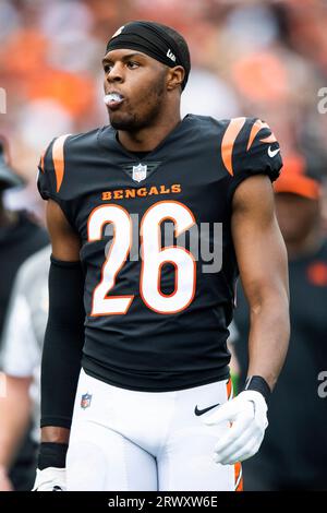 Cincinnati Bengals safety Tycen Anderson (26) celebrates his interception  for a touchdown with cornerback DJ Turner II (20) during the first half of  a preseason NFL football game against the Green Bay