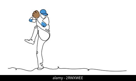 Baseball player pitcher throws the ball. One continuous line art drawing of baseball pitcher Stock Vector