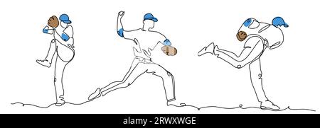 Baseball player pitcher throws the ball. One continuous line art drawing of baseball pitcher Stock Vector